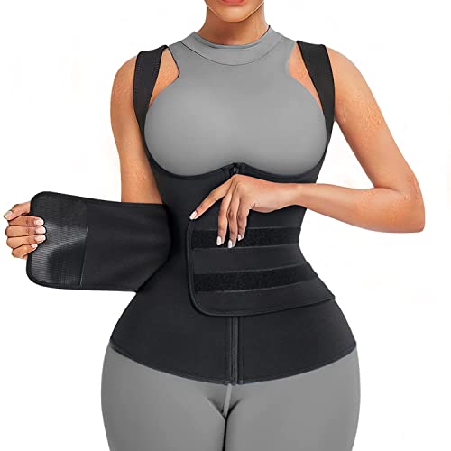 Bingrong Damen Sauna Bauchweggürtel Schwitzgürtel Taille Trimmer Korsett Taillenformer Fitness Waist Trainer Gürtel Body Shaper Verstellbarer Fitnessgürtel (Schwarz, Large) von Bingrong