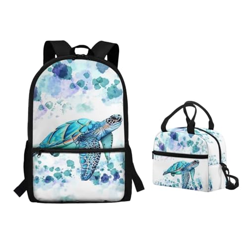 Binienty 2-teiliges Rucksack-Set mit Lunchtasche für Kinder, Kleinkinder, Mädchen, Jungen, niedlicher, leichter Schulrucksack, Aquarell-Schildkröte, Einheitsgröße, Kinderrucksack von Binienty