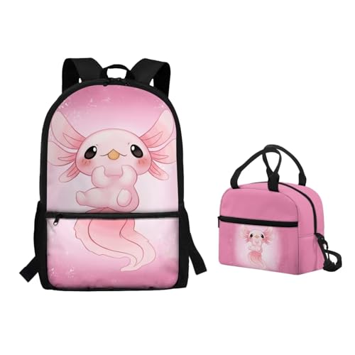 Binienty 2-teiliges Rucksack-Set mit Lunchtasche für Kinder, Kleinkinder, Mädchen, Jungen, niedlicher, leichter Schulrucksack, Axolotl, Einheitsgröße, Kinderrucksack von Binienty