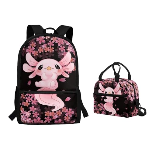 Binienty 2-teiliges Rucksack-Set mit Lunchtasche für Kinder, Kleinkinder, Mädchen, Jungen, niedlicher, leichter Schulrucksack, Axolotl Cherry Flora, Einheitsgröße, Kinderrucksack von Binienty