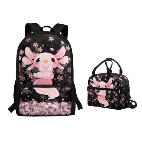 Binienty 2-teiliges Rucksack-Set mit Lunchtasche für Kinder, Kleinkinder, Mädchen, Jungen, niedlicher, leichter Schulrucksack, Axolotl Kirschblüte, Einheitsgröße, Kinderrucksack von Binienty