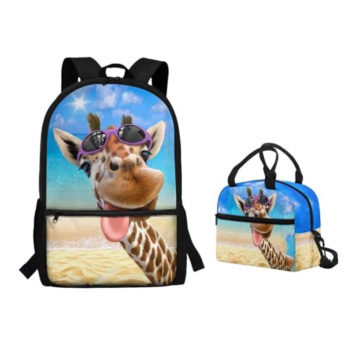 Binienty 2-teiliges Rucksack-Set mit Lunchtasche für Kinder, Kleinkinder, Mädchen, Jungen, niedlicher, leichter Schulrucksack, Coole Giraffe, Einheitsgröße, Kinderrucksack von Binienty