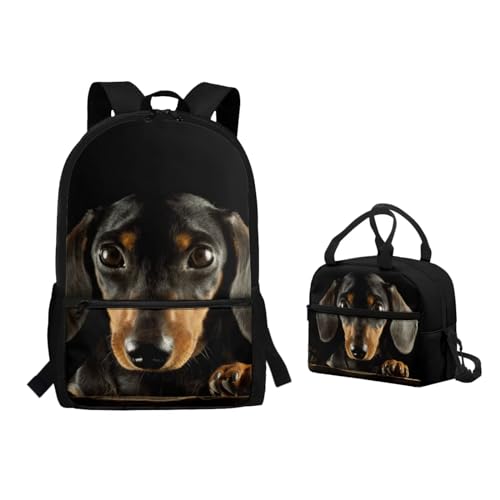 Binienty 2-teiliges Rucksack-Set mit Lunchtasche für Kinder, Kleinkinder, Mädchen, Jungen, niedlicher, leichter Schulrucksack, Dackel Hund, Einheitsgröße, Kinderrucksack von Binienty