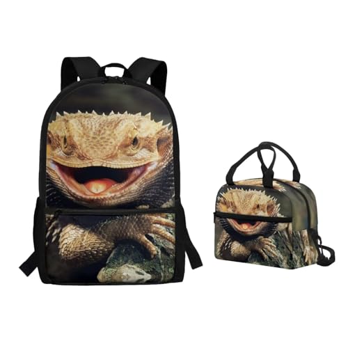 Binienty 2-teiliges Rucksack-Set mit Lunchtasche für Kinder, Kleinkinder, Mädchen, Jungen, niedlicher, leichter Schulrucksack, Eidechsenaufdruck, Einheitsgröße, Kinderrucksack von Binienty