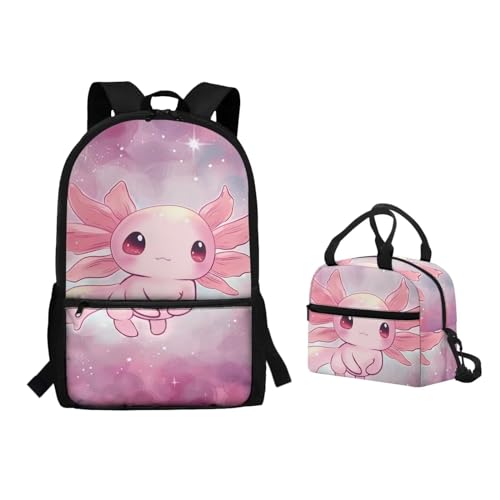 Binienty 2-teiliges Rucksack-Set mit Lunchtasche für Kinder, Kleinkinder, Mädchen, Jungen, niedlicher, leichter Schulrucksack, Galaxy Axolotl, Einheitsgröße, Kinderrucksack von Binienty