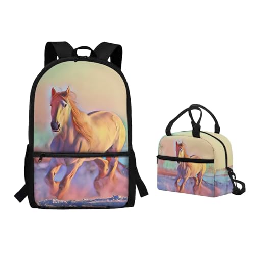 Binienty 2-teiliges Rucksack-Set mit Lunchtasche für Kinder, Kleinkinder, Mädchen, Jungen, niedlicher, leichter Schulrucksack, Regenbogenpferd, Einheitsgröße, Kinderrucksack von Binienty