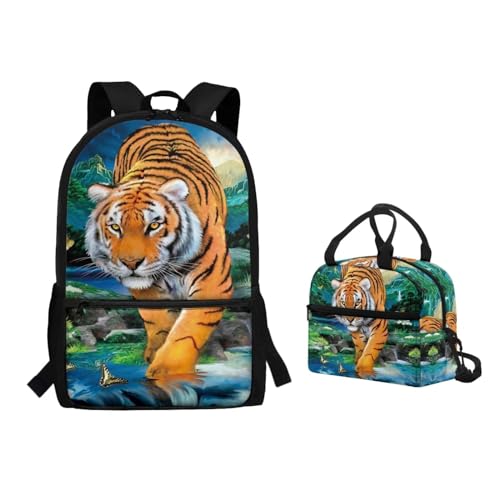 Binienty 2-teiliges Rucksack-Set mit Lunchtasche für Kinder, Kleinkinder, Mädchen, Jungen, niedlicher, leichter Schulrucksack, Tigermuster, Einheitsgröße, Kinderrucksack von Binienty