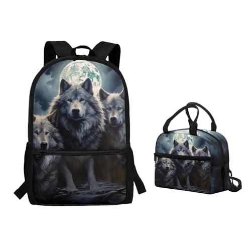 Binienty 2-teiliges Rucksack-Set mit Lunchtasche für Kinder, Kleinkinder, Mädchen, Jungen, niedlicher, leichter Schulrucksack, Wolf Mond, Einheitsgröße, Kinderrucksack von Binienty