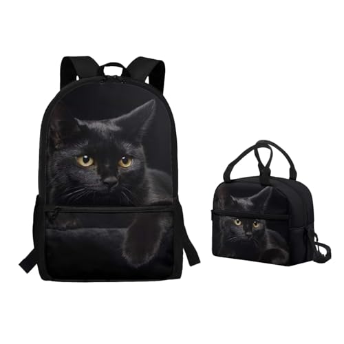 Binienty 2-teiliges Rucksack-Set mit Lunchtasche für Kinder, Kleinkinder, Mädchen, Jungen, niedlicher, leichter Schulrucksack, schwarze katze, Einheitsgröße, Kinderrucksack von Binienty