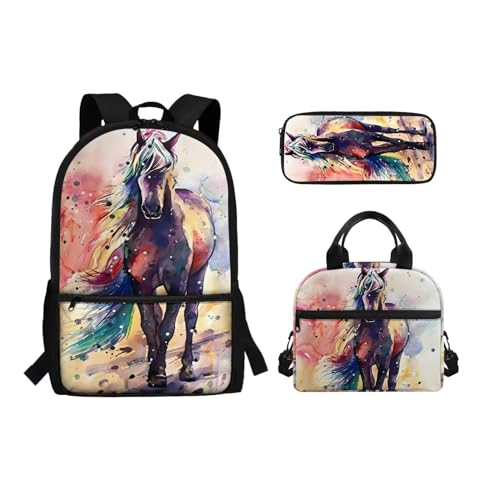 Binienty 3-teiliges Rucksack-Set mit Lunchtasche, Federmäppchen für Kinder, Kleinkinder, Mädchen, Jungen, niedlicher, leichter Schulrucksack, Aquarell-Pferd, Einheitsgröße, Kinderrucksack von Binienty