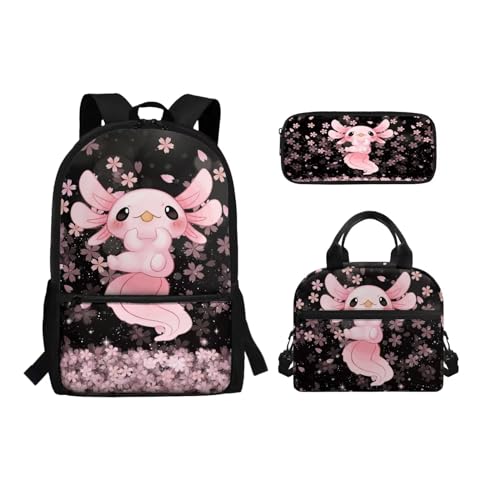 Binienty 3-teiliges Rucksack-Set mit Lunchtasche, Federmäppchen für Kinder, Kleinkinder, Mädchen, Jungen, niedlicher, leichter Schulrucksack, Axolotl Kirschblüte, Einheitsgröße, Kinderrucksack von Binienty