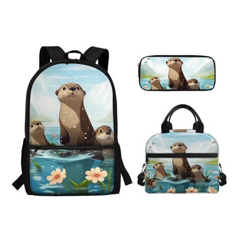 Binienty 3-teiliges Rucksack-Set mit Lunchtasche, Federmäppchen für Kinder, Kleinkinder, Mädchen, Jungen, niedlicher, leichter Schulrucksack, Otter Flora, Einheitsgröße, Kinderrucksack von Binienty