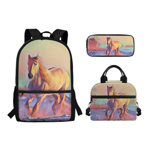 Binienty 3-teiliges Rucksack-Set mit Lunchtasche, Federmäppchen für Kinder, Kleinkinder, Mädchen, Jungen, niedlicher, leichter Schulrucksack, Sunset Pink Horse, Einheitsgröße, Kinderrucksack von Binienty