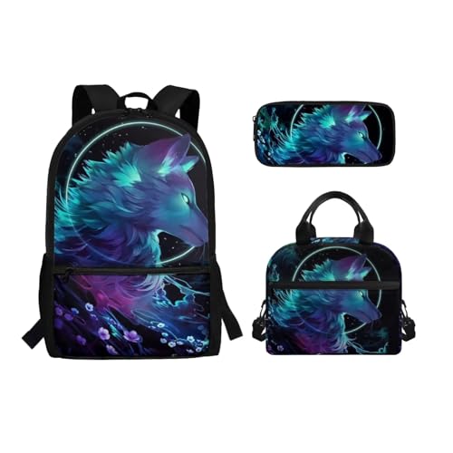 Binienty 3-teiliges Rucksack-Set mit Lunchtasche, Federmäppchen für Kinder, Kleinkinder, Mädchen, Jungen, niedlicher, leichter Schulrucksack, Traumfänger, Wolf-Aufdruck, Einheitsgröße, Kinderrucksack von Binienty