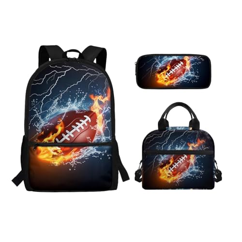 Binienty 3-teiliges Rucksack-Set mit Lunchtasche, Federmäppchen für Kinder, Kleinkinder, Mädchen, Jungen, niedlicher, leichter Schulrucksack, Wasserfeuer-Rugby, Einheitsgröße, Kinderrucksack von Binienty