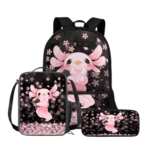 Binienty 3-teiliges Rucksack-Set mit Lunchtasche und Federmäppchen für Kinder, Kleinkinder, Mädchen, Jungen, niedlich, leicht, Axolotl Kirschblüte, Einheitsgröße, Kinderrucksack von Binienty