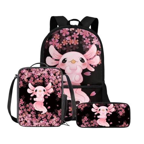 Binienty 3-teiliges Rucksack-Set mit Lunchtasche und Federmäppchen für Kinder, Kleinkinder, Mädchen, Jungen, niedlich, leicht, Axolotl Sakura, Einheitsgröße, Kinderrucksack von Binienty