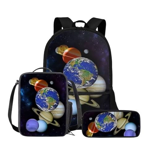 Binienty 3-teiliges Rucksack-Set mit Lunchtasche und Federmäppchen für Kinder, Kleinkinder, Mädchen, Jungen, niedlich, leicht, Galaxy Planet, Einheitsgröße, Kinderrucksack von Binienty