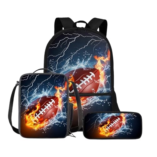 Binienty 3-teiliges Rucksack-Set mit Lunchtasche und Federmäppchen für Kinder, Kleinkinder, Mädchen, Jungen, niedlich, leicht, Wasserfeuer-Rugby, Einheitsgröße, Kinderrucksack von Binienty