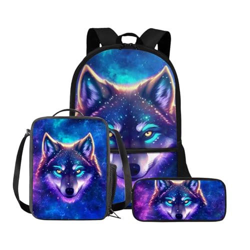 Binienty 3-teiliges Schultaschen-Set, Rucksack mit Lunchtasche und Federmäppchen für Kinder, Kleinkinder, Mädchen, Jungen, niedlich, leicht, Blauer Galaxiewolf., Einheitsgröße, Kinderrucksack von Binienty