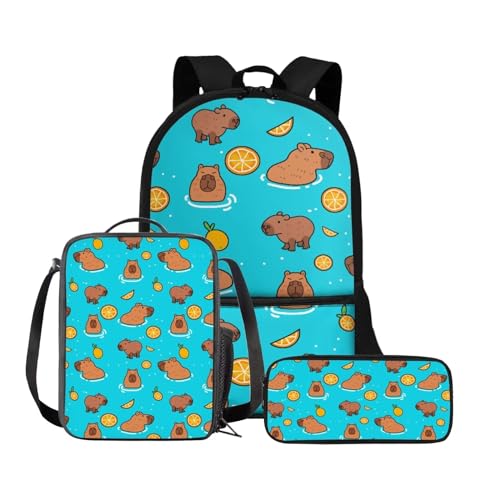 Binienty 3-teiliges Schultaschen-Set, Rucksack mit Lunchtasche und Federmäppchen für Kinder, Kleinkinder, Mädchen, Jungen, niedlich, leicht, Cartoon-Capybara, Einheitsgröße, Kinderrucksack von Binienty