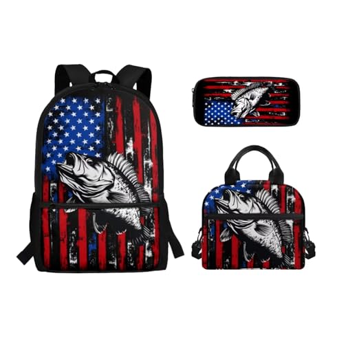 Binienty 3-teiliges Schultaschen-Set mit Lunch-Tasche, Federmäppchen für Kinder, Kleinkinder, Mädchen, Jungen, niedlicher, leichter Rucksack für die Grundschule, Amerikanische Bass-Flagge, von Binienty