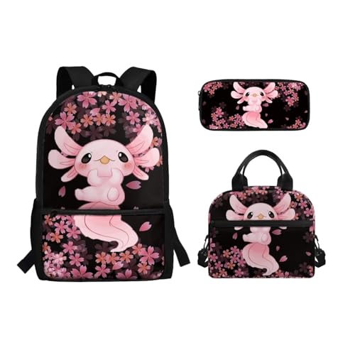 Binienty 3-teiliges Schultaschen-Set mit Lunch-Tasche, Federmäppchen für Kinder, Kleinkinder, Mädchen, Jungen, niedlicher, leichter Rucksack für die Grundschule, Axolotl Sakura, Einheitsgröße, von Binienty