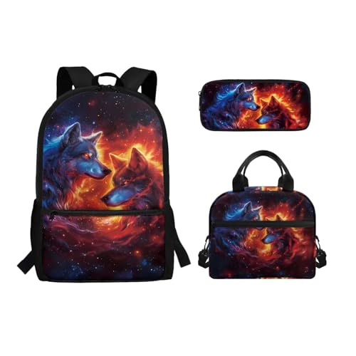 Binienty 3-teiliges Schultaschen-Set mit Lunch-Tasche, Federmäppchen für Kinder, Kleinkinder, Mädchen, Jungen, niedlicher, leichter Rucksack für die Grundschule, Fire Galaxy Wolf, Einheitsgröße, von Binienty