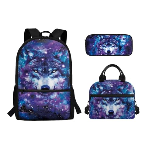 Binienty 3-teiliges Schultaschen-Set mit Lunch-Tasche, Federmäppchen für Kinder, Kleinkinder, Mädchen, Jungen, niedlicher, leichter Rucksack für die Grundschule, Galaxy Wolf, Einheitsgröße, von Binienty