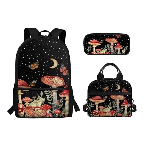 Binienty 3-teiliges Schultaschen-Set mit Lunch-Tasche, Federmäppchen für Kinder, Kleinkinder, Mädchen, Jungen, niedlicher, leichter Rucksack für die Grundschule, Mushroom Night, Einheitsgröße, von Binienty