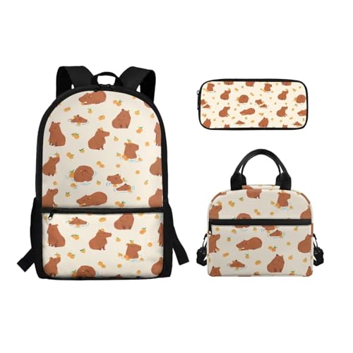 Binienty 3-teiliges Schultaschen-Set mit Lunch-Tasche, Federmäppchen für Kinder, Kleinkinder, Mädchen, Jungen, niedlicher, leichter Rucksack für die Grundschule, Niedliche Capybara, Einheitsgröße, von Binienty