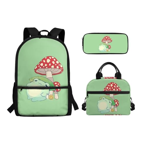Binienty 3-teiliges Schultaschen-Set mit Lunch-Tasche, Federmäppchen für Kinder, Kleinkinder, Mädchen, Jungen, niedlicher, leichter Rucksack für die Grundschule, Pilzfrosch, Einheitsgröße, von Binienty