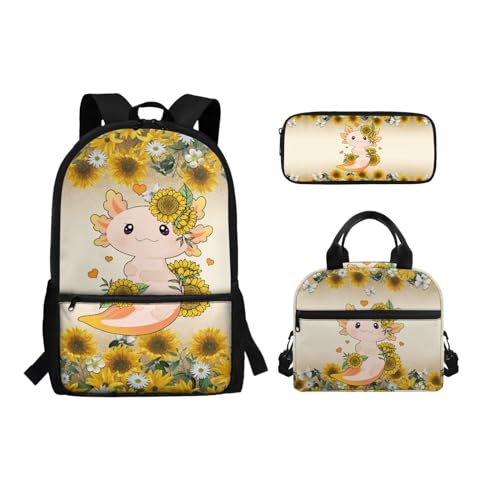 Binienty 3-teiliges Schultaschen-Set mit Lunch-Tasche, Federmäppchen für Kinder, Kleinkinder, Mädchen, Jungen, niedlicher, leichter Rucksack für die Grundschule, Sunflower Daisy Axolotl, von Binienty