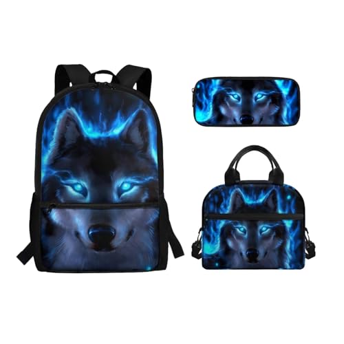 Binienty 3-teiliges Schultaschen-Set mit Lunchbox, Federmäppchen für Kinder, Kleinkinder, Mädchen, Jungen, niedliches, leichtes Rucksack-Set, 3-in-1, Blauer Feuerwolf, Einheitsgröße, Kinderrucksack von Binienty