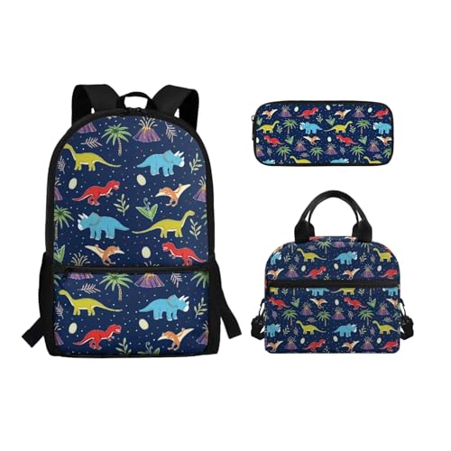 Binienty 3-teiliges Schultaschen-Set mit Lunchbox, Federmäppchen für Kinder, Kleinkinder, Mädchen, Jungen, niedliches, leichtes Rucksack-Set, 3-in-1, Cartoon Dinosaurier, Einheitsgröße, Kinderrucksack von Binienty