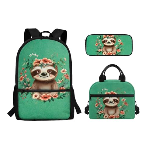 Binienty 3-teiliges Schultaschen-Set mit Lunchbox, Federmäppchen für Kinder, Kleinkinder, Mädchen, Jungen, niedliches, leichtes Rucksack-Set, 3-in-1, Faultier-Blume, Einheitsgröße, Kinderrucksack von Binienty