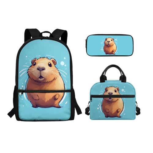 Binienty 3-teiliges Schultaschen-Set mit Lunchbox, Federmäppchen für Kinder, Kleinkinder, Mädchen, Jungen, niedliches, leichtes Rucksack-Set, 3-in-1, Niedliche Cartoon-Capybara, Einheitsgröße, von Binienty