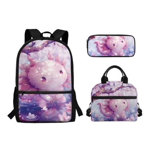 Binienty 3-teiliges Schultaschen-Set mit Lunchbox, Federmäppchen für Kinder, Kleinkinder, Mädchen, Jungen, niedliches, leichtes Rucksack-Set, 3-in-1, Niedliches rosa Axolotl, Einheitsgröße, von Binienty