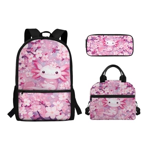 Binienty 3-teiliges Schultaschen-Set mit Lunchbox, Federmäppchen für Kinder, Kleinkinder, Mädchen, Jungen, niedliches, leichtes Rucksack-Set, 3-in-1, Rosa Axolotl Kirschblüte, Einheitsgröße, von Binienty