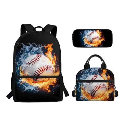 Binienty 3-teiliges Schultaschen-Set mit Lunchbox, Federmäppchen für Kinder, Kleinkinder, Mädchen, Jungen, niedliches, leichtes Rucksack-Set, 3-in-1, Wasserfeuer Baseball, Einheitsgröße, von Binienty