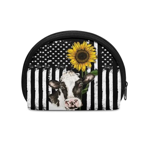 Binienty Bedruckte Mini-Münzgeldbörse für Damen, Münzbeutel mit Reißverschluss, Amerikanische Flagge, Kuh mit Sonnenblume, Münztasche von Binienty