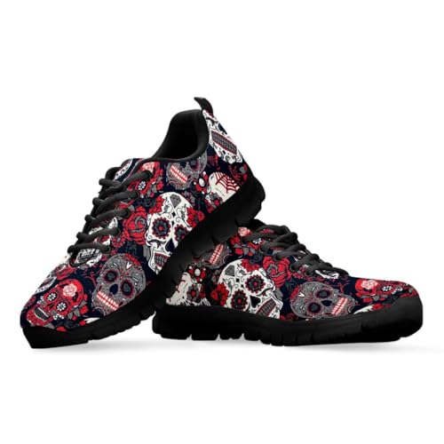 Binienty Bequeme Damen-Sneaker aus Memory-Schaum, leicht, für den ganzen Tag, Roter Hippie-Totenkopf, 41 EU von Binienty