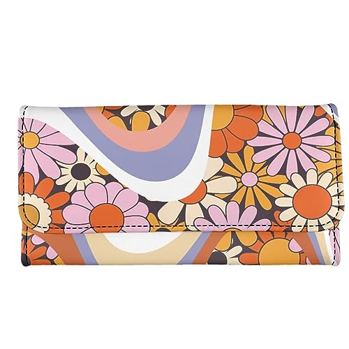 Binienty Damen Geldbörse Leder Blockierung Brieftasche Trifold Geldbörse Kartenhalter Organizer Muttertag Geschenke, Wellig Swirl Hippie Blume Orange, Einheitsgröße von Binienty
