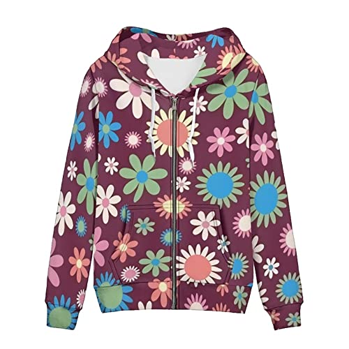 Binienty Damen Grafik gedruckt Sweatshirt Reißverschluss Langarm Hoodies Ästhetische Jacke Streetwear mit Taschen, Hippie Flower, 46 von Binienty