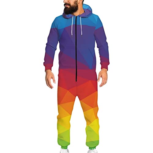 Binienty Damen Herren Langarm Reißverschluss Bodycon Jumpsuit Unitard Body Onesie Pyjama, Regenbogen-Geometrie, 4X-Large von Binienty