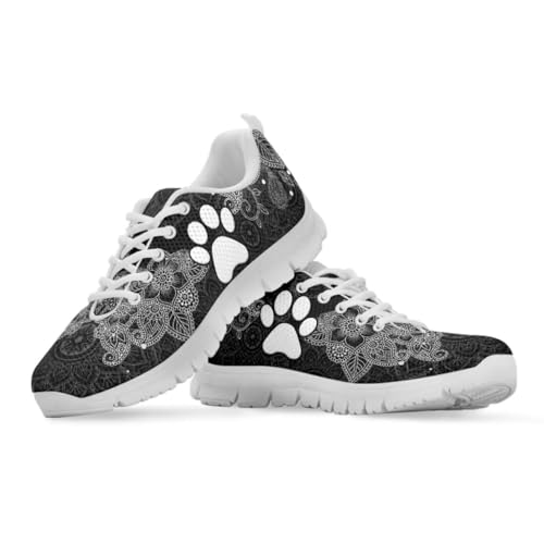 Binienty Damen Schnür-Sneaker mit Memory-Schaum Komfort Turnschuhe Outdoor Schuhe, Mandala mit Hundepfotenabdruck, 37 EU von Binienty
