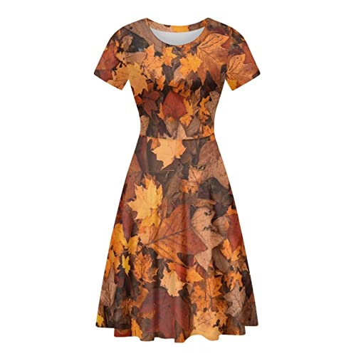 Binienty Damen Sommer Casual Lose Rundhals Kleid Rüschen Puffy Langarm Hohe Taille Midi Kleid, Fallen Leaves, Medium von Binienty