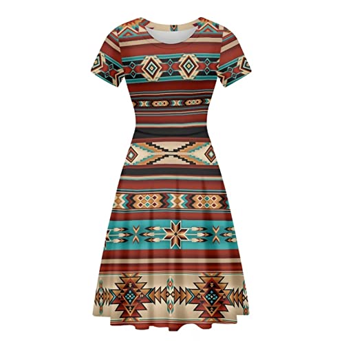 Binienty Damen Sommer Casual Lose Rundhals Kleid Rüschen Puffy Langarm Hohe Taille Midi Kleid, Native Azteken, XX-Large von Binienty