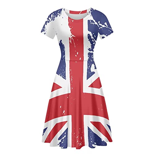 Binienty Damen Sommer Casual Lose Rundhals Kleid Rüschen Puffy Langarm Hohe Taille Midi Kleid, Union Jack Design, X-Large von Binienty