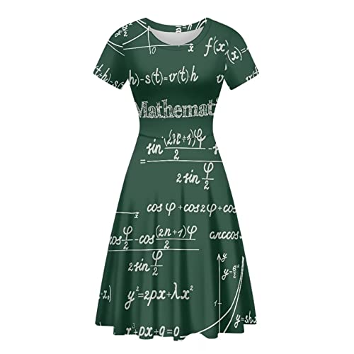 Binienty Damen Sommer Casual Lose Rundhalsausschnitt Kleid Rüschen Puffy Langarm Hohe Taille Midikleid, Green Mathematik, Medium von Binienty